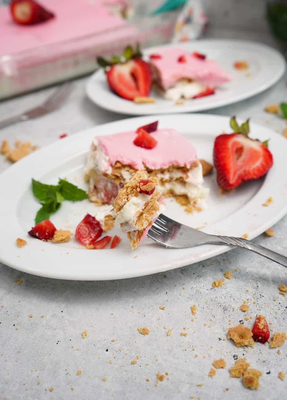 easy strawberry eclair cake with fork 