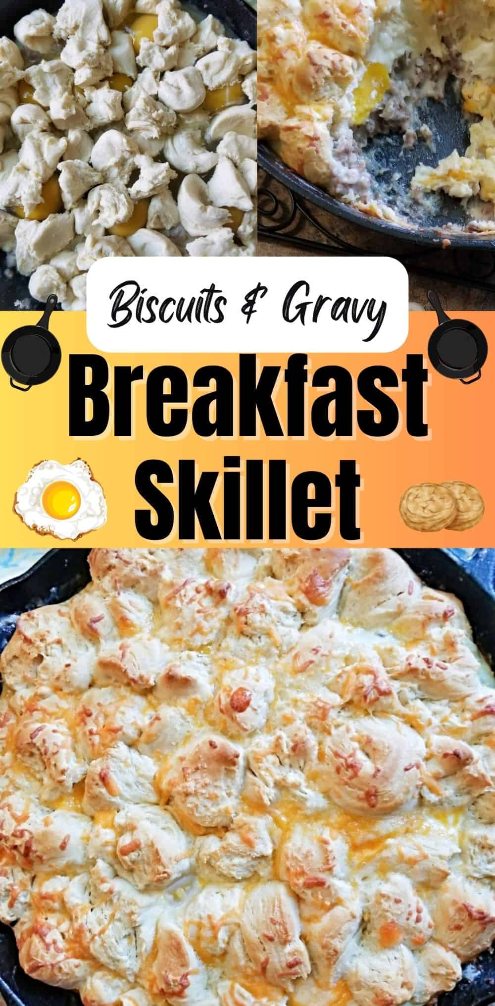 biscuits and gravy breakfast skillet collage for Pinterest with title