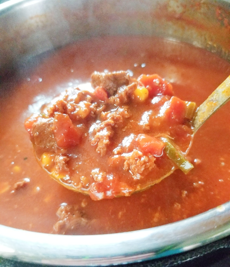 Instant Pot Steakhouse Chili with ladle 
