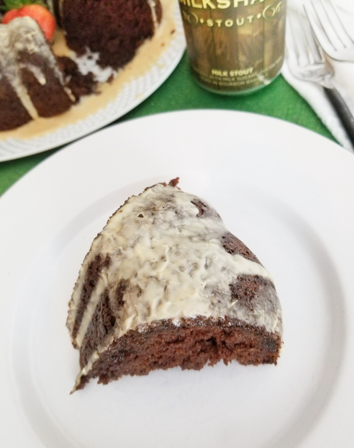 Irish Chocolate Stout Cake slice on white plate 