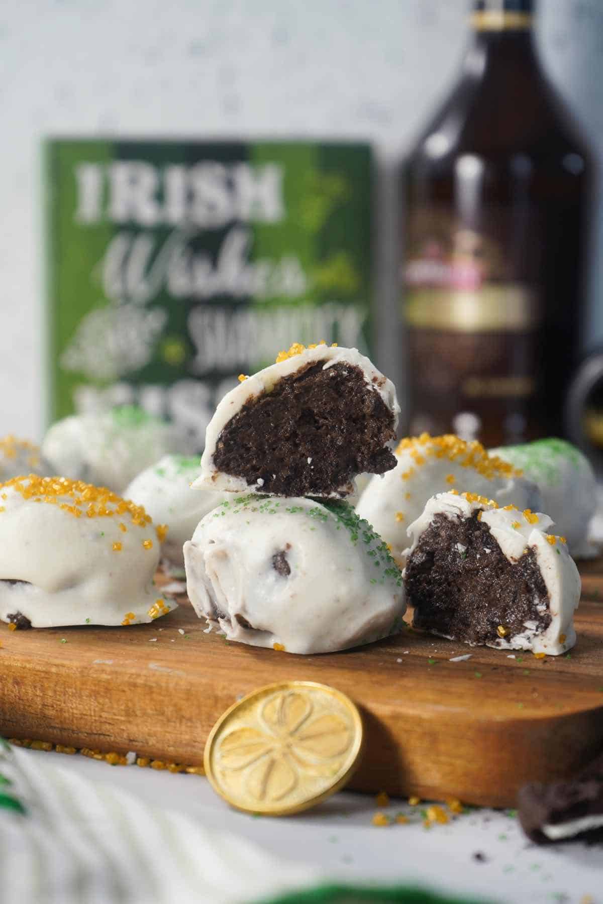 two Irish truffles stacked one is cut open