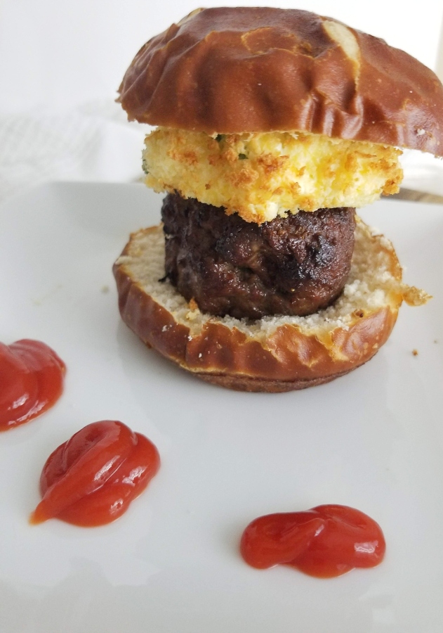 Air Fryer Fried Jalapeno Cream Cheese Burgers stacked on bun