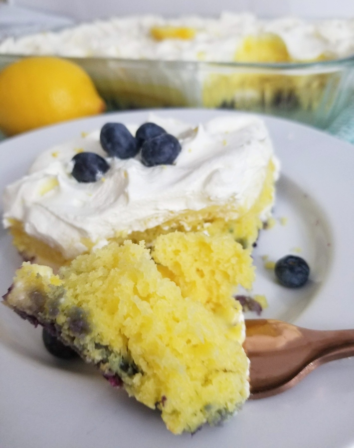 Lemon Blueberry Cream Cheese Cake bite on fork 