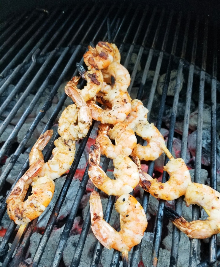 Grilled Blackened Shrimp Skewers on grill 