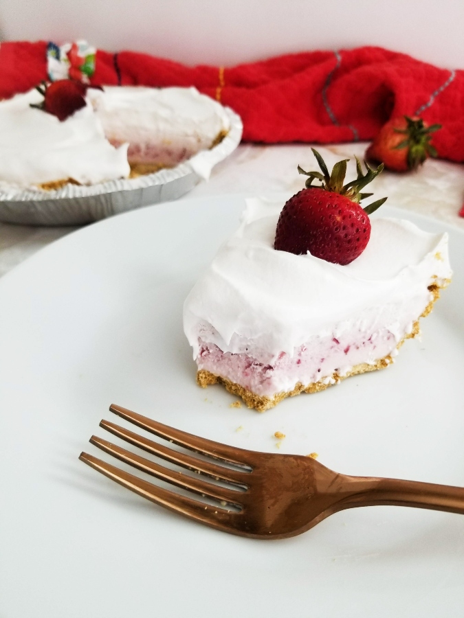 Strawberry Freeze Pie with fork 
