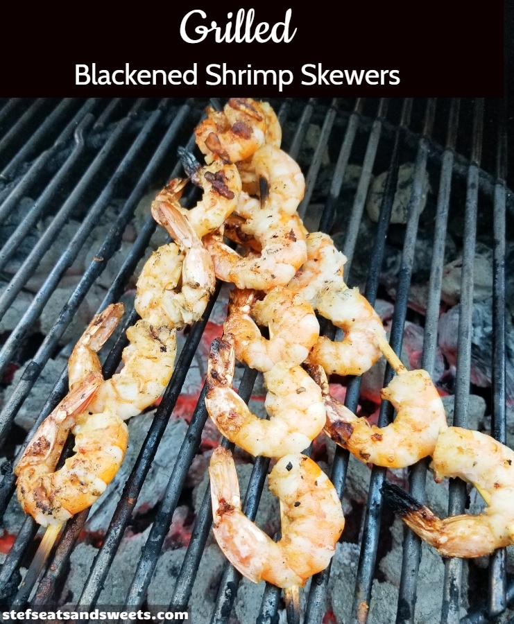 Grilled Blackened Shrimp Skewers Pinterest Image with text 
