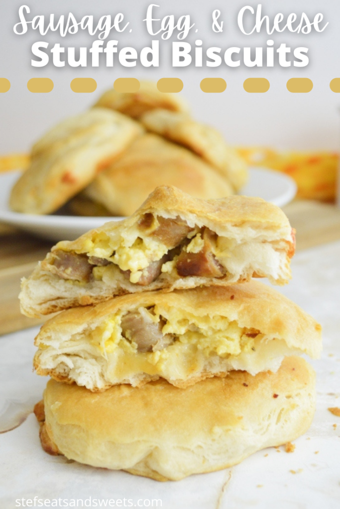 sausage egg and cheese stuffed biscuit pinterest image with text