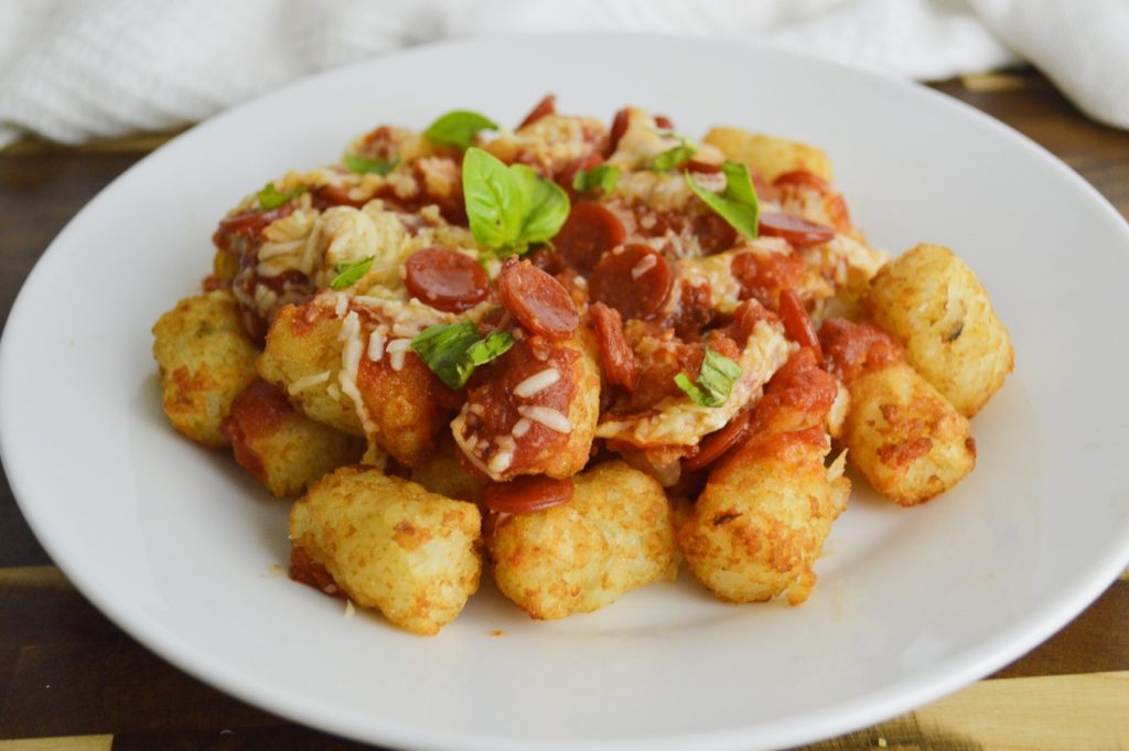 Air Fryer Pizza Tots on white plate 