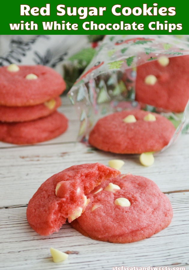 red sugar cookies with white chocolate chips pinterest image with text 