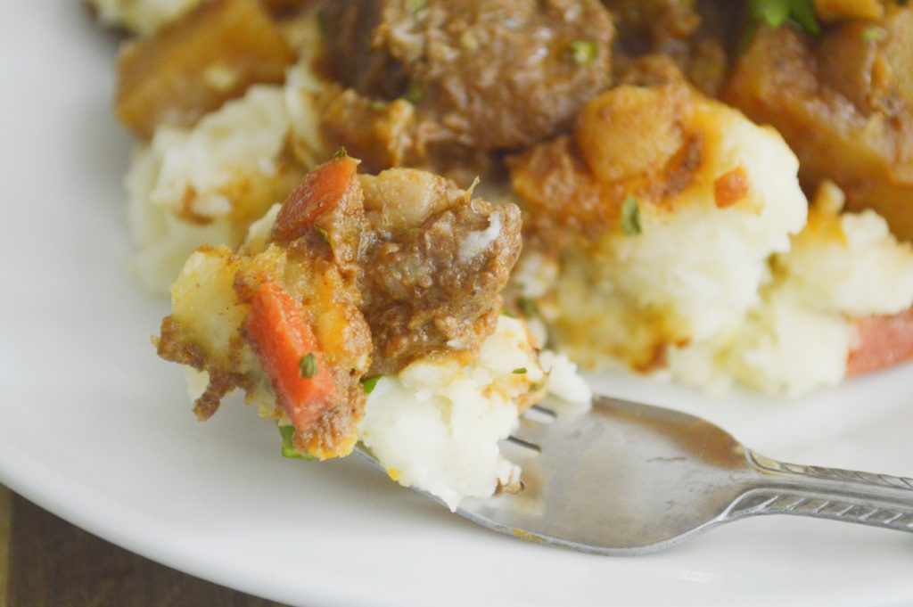 Traditional Irish Beef Stew On fork 