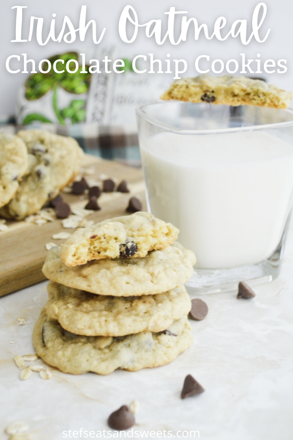 Irish Oatmeal Chocolate Chip Cookies Pinterest Image with Text 