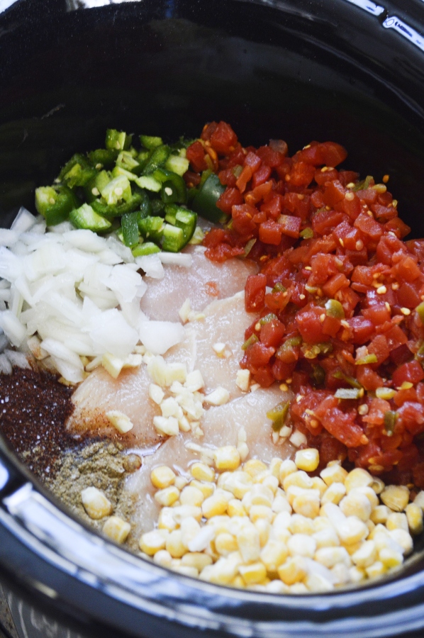 Spicy Chicken Tortilla soup ingredients in slow cooker 