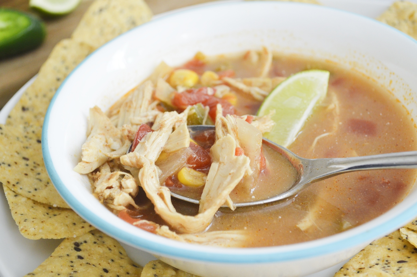 spicy chicken tortilla soup made in the slow cooker 