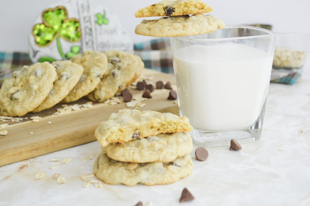 Irish Oatmeal Chocolate Chip Cookies stacked with milk 
