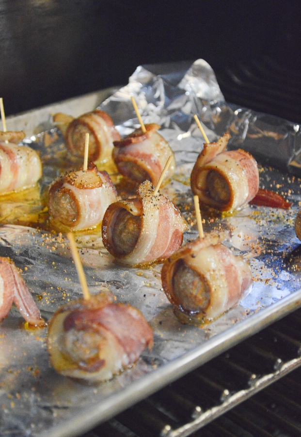 hot pepper jelly bacon wrapped meatballs on smoker 