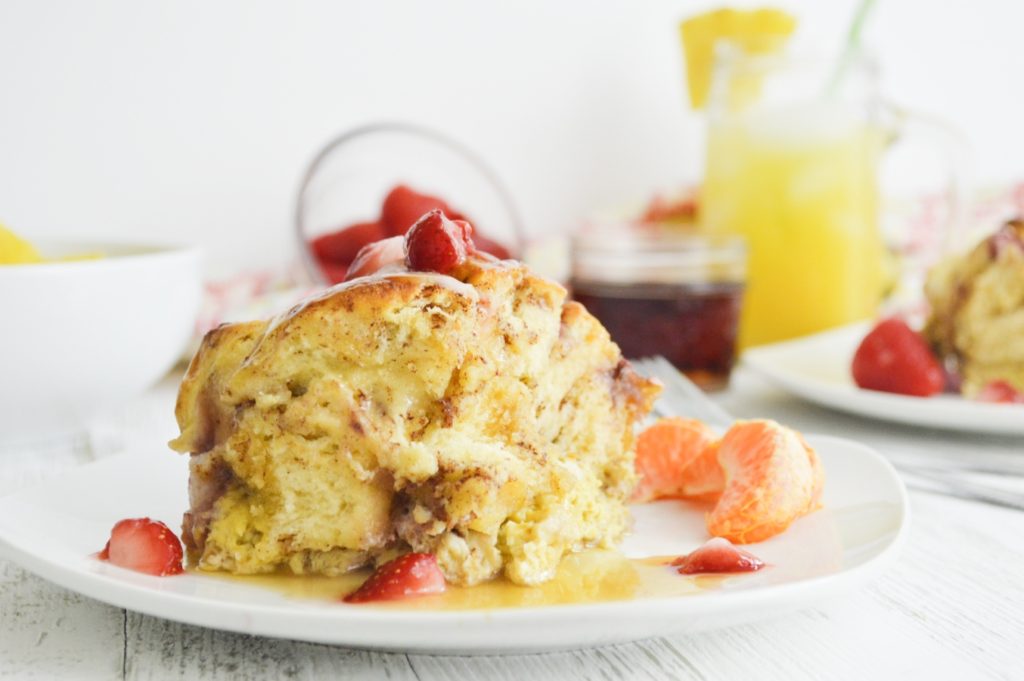 Feature image of Strawberry Cinnamon Roll French Toast Casserole 