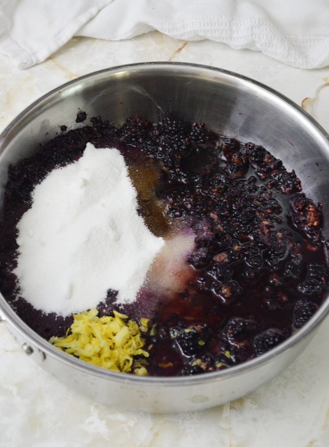 all ingredients of blackberry vanilla bourbon jam in saute pan 