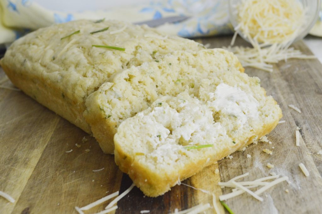 One Bowl Parmesan & Chive Bread Sliced with butter 