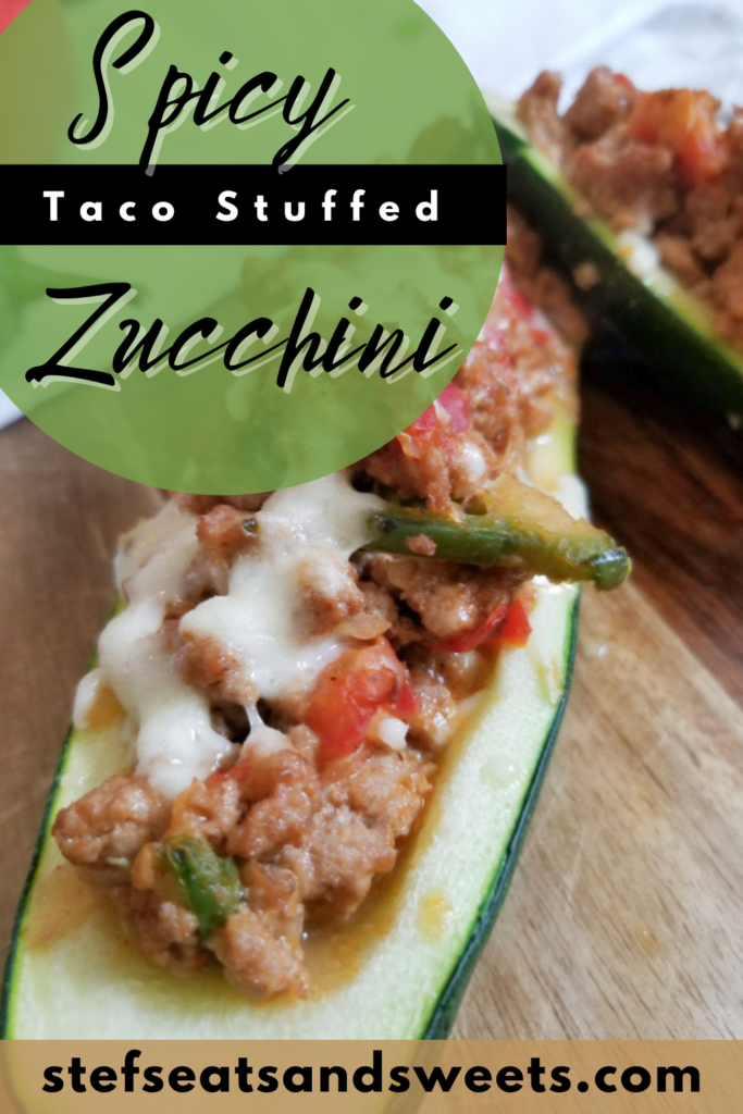 spicy taco stuffed zucchini pinterest image with text 
