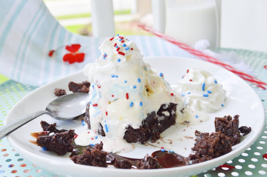 Red White & Blue Brownie Sundaes with spoon 
