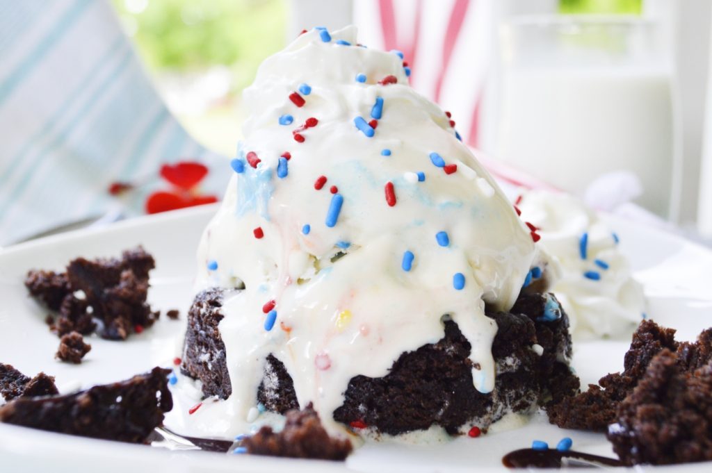 close up of Red White & Blue Brownie Sundaes 