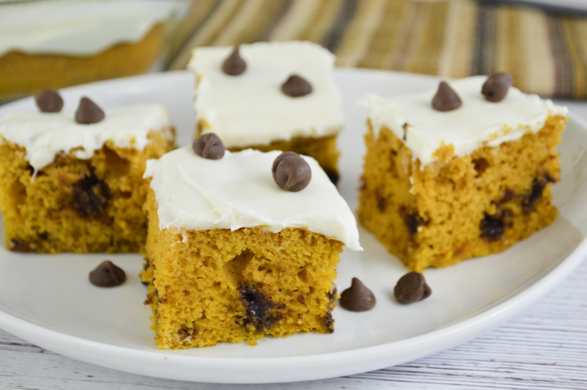 Pumpkin chocolate chip cake slices on plate 