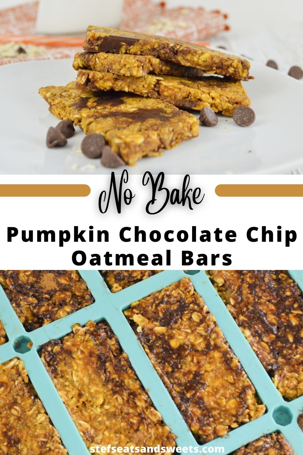 no bake pumpkin chocolate chip oatmeal bars collage