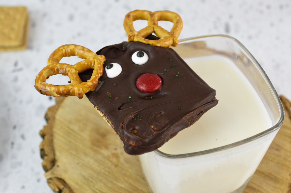 Rudolph Chocolate Covered Graham Crackers on a glass of milk 