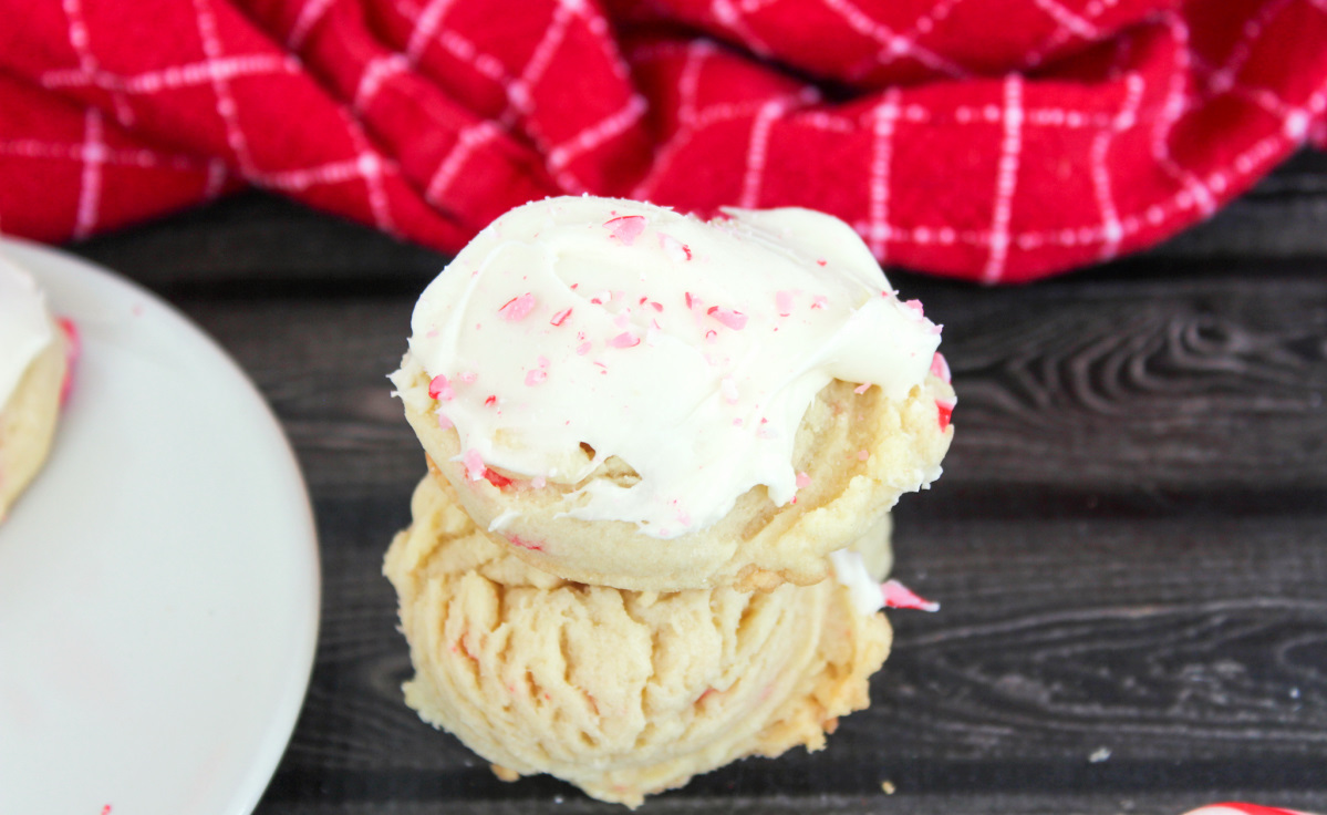 stacked peppermint sugar cookies with cream cheese frosting 