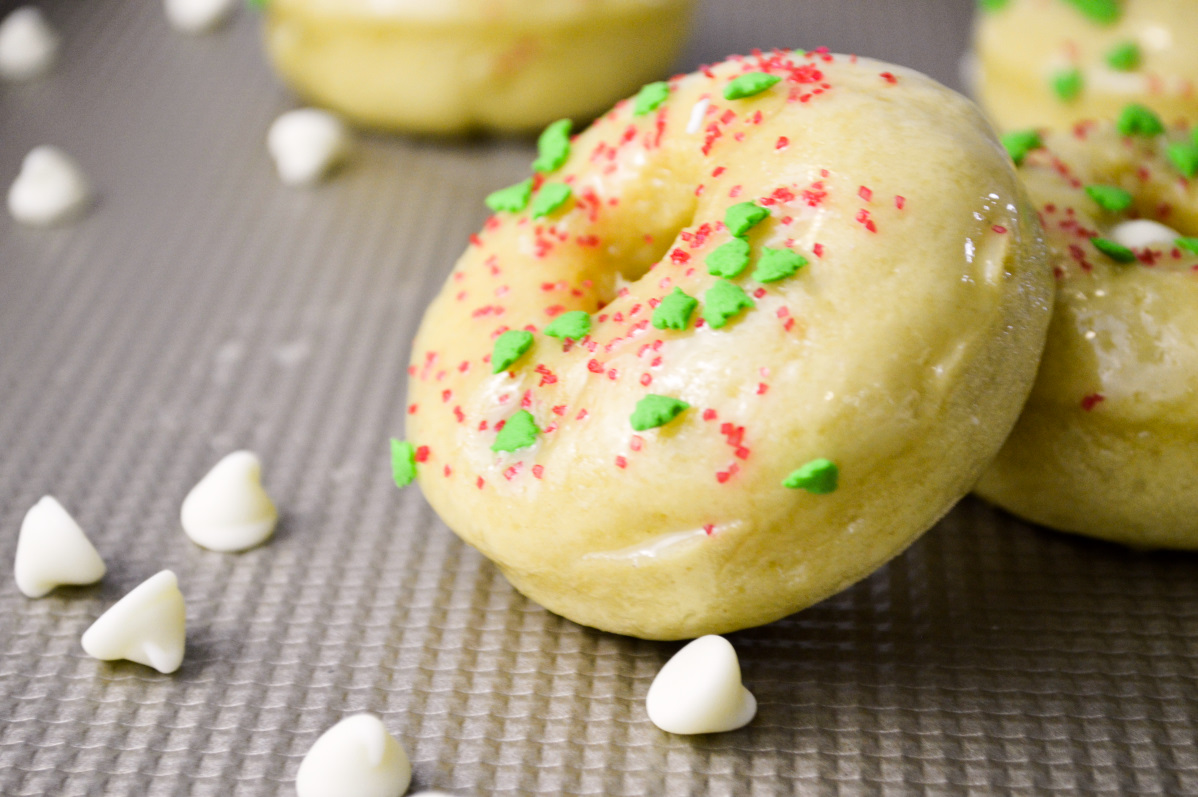Peppermint White Chocolate Baked Christmas Donuts with white chocolate ganache 