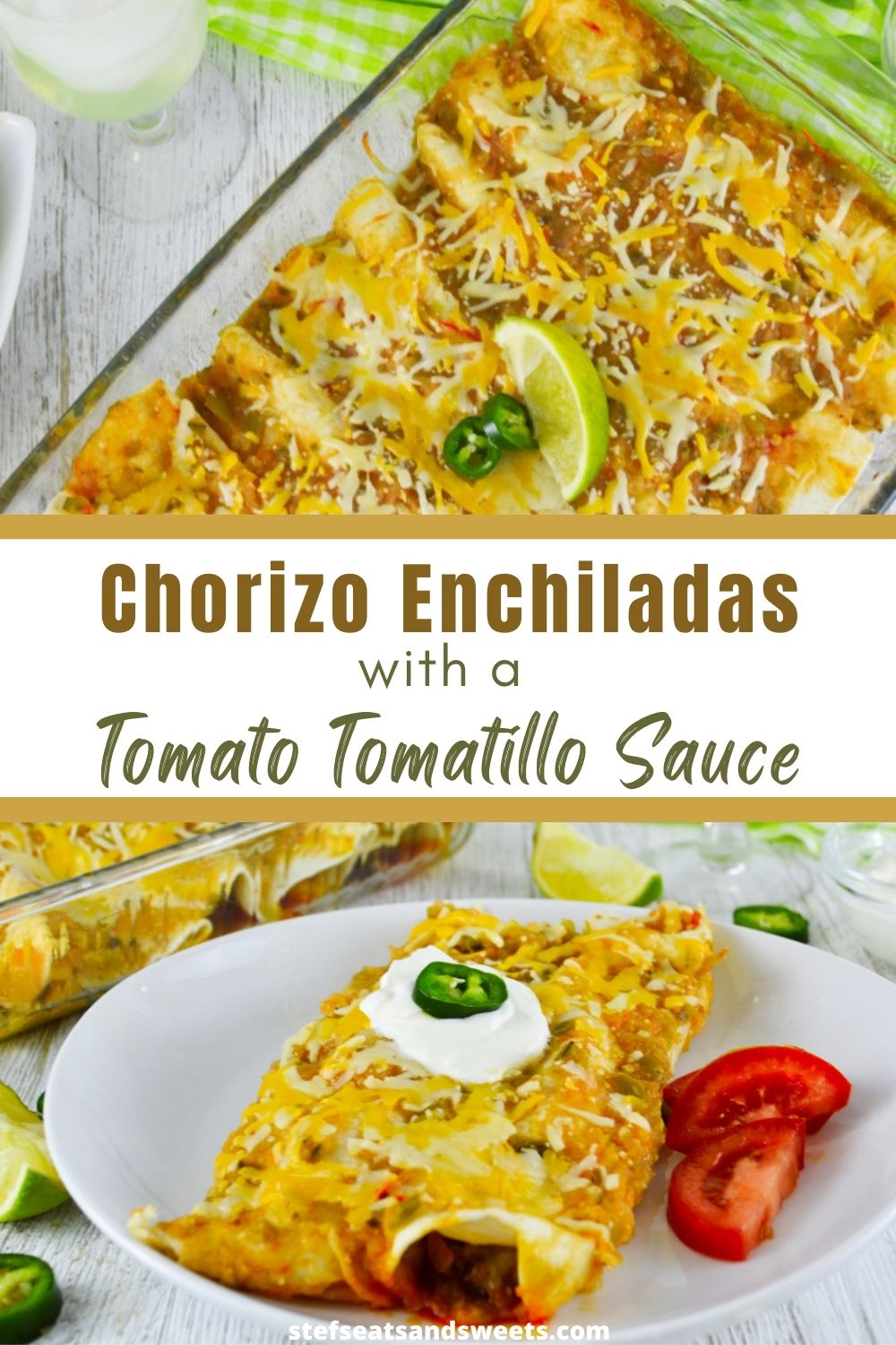 chorizo enchiladas with a fresh tomato tomatillo sauce 