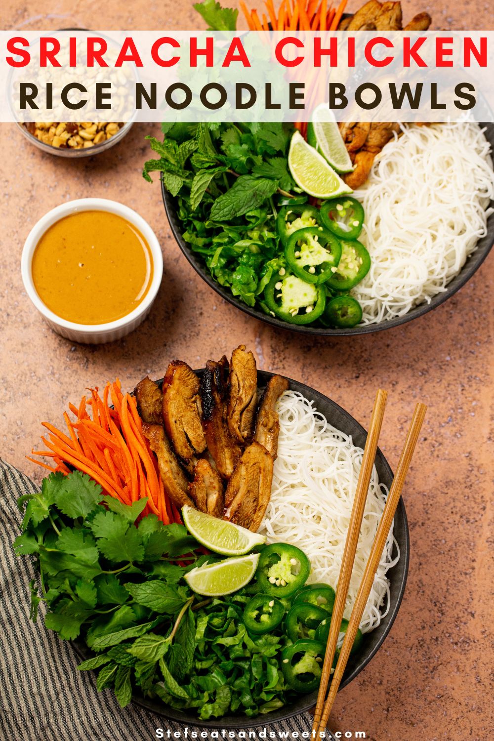 Sriracha chicken and vegetable rice noodle bowls 