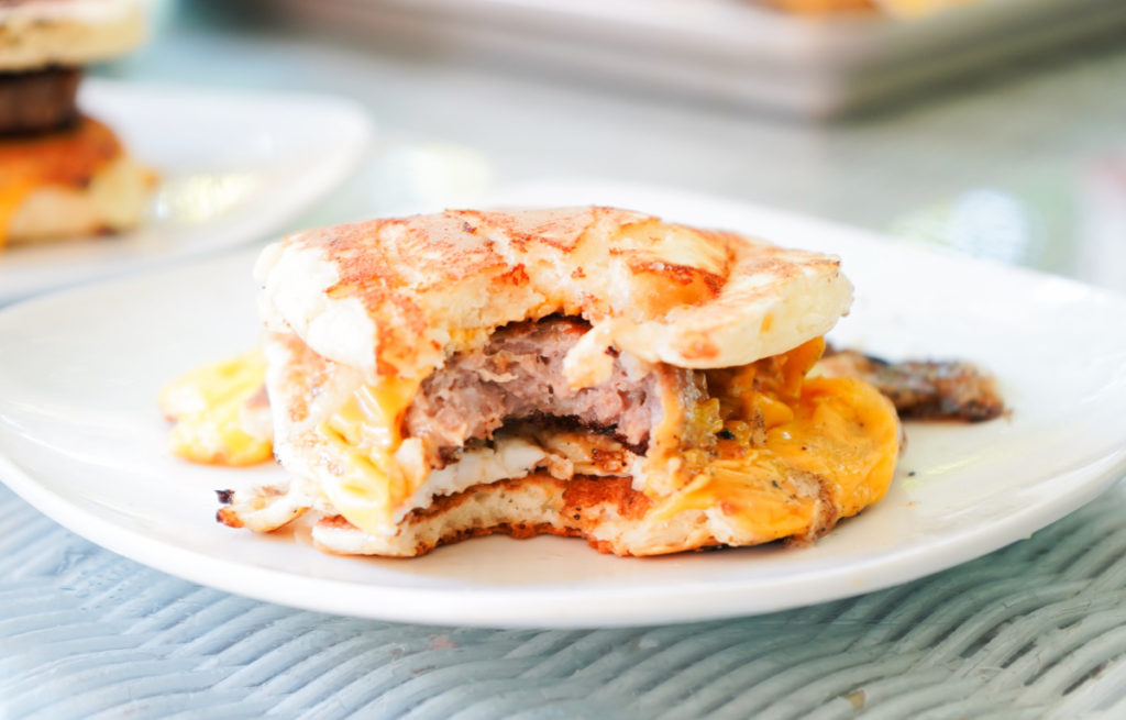Griddle Cake Breakfast Sandwich with Sausage, Egg & Cheese