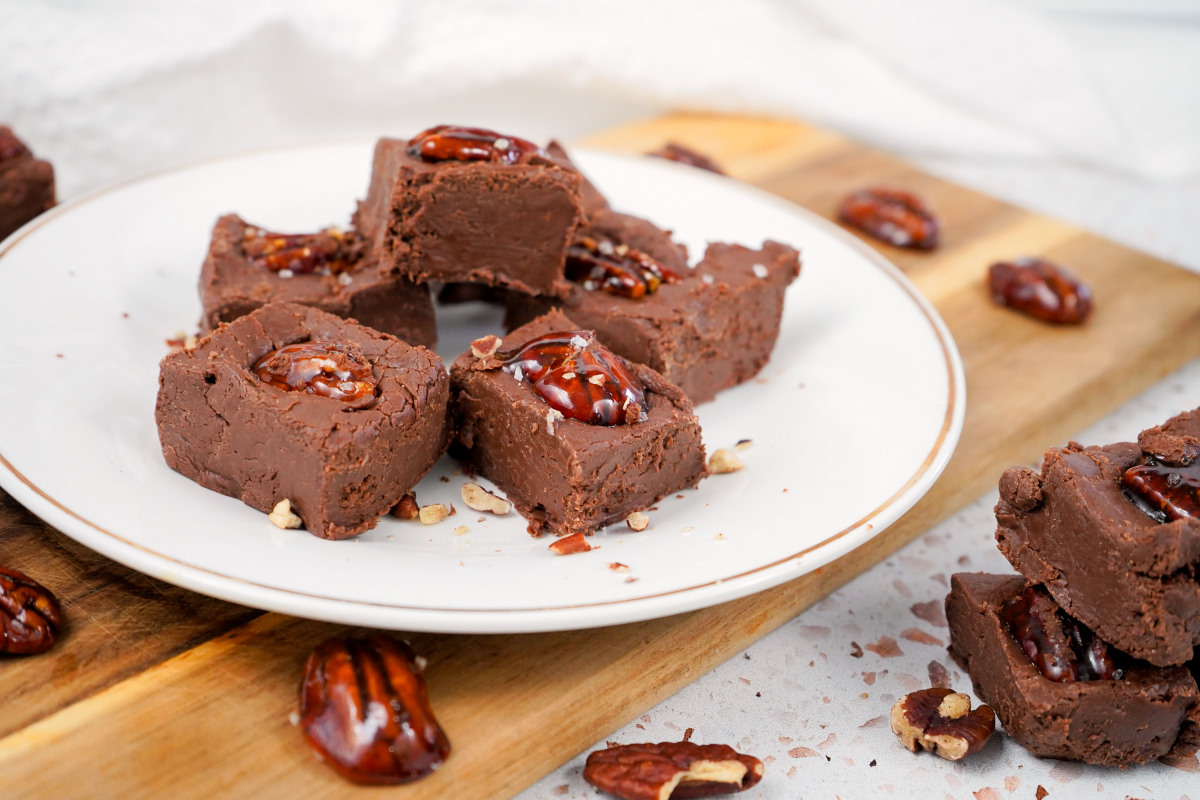 Candied Pecan Chocolate Fudge On white Plate