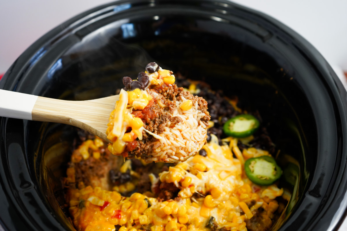 Slow Cooker Ground Beef Taco Bowls with Spoon