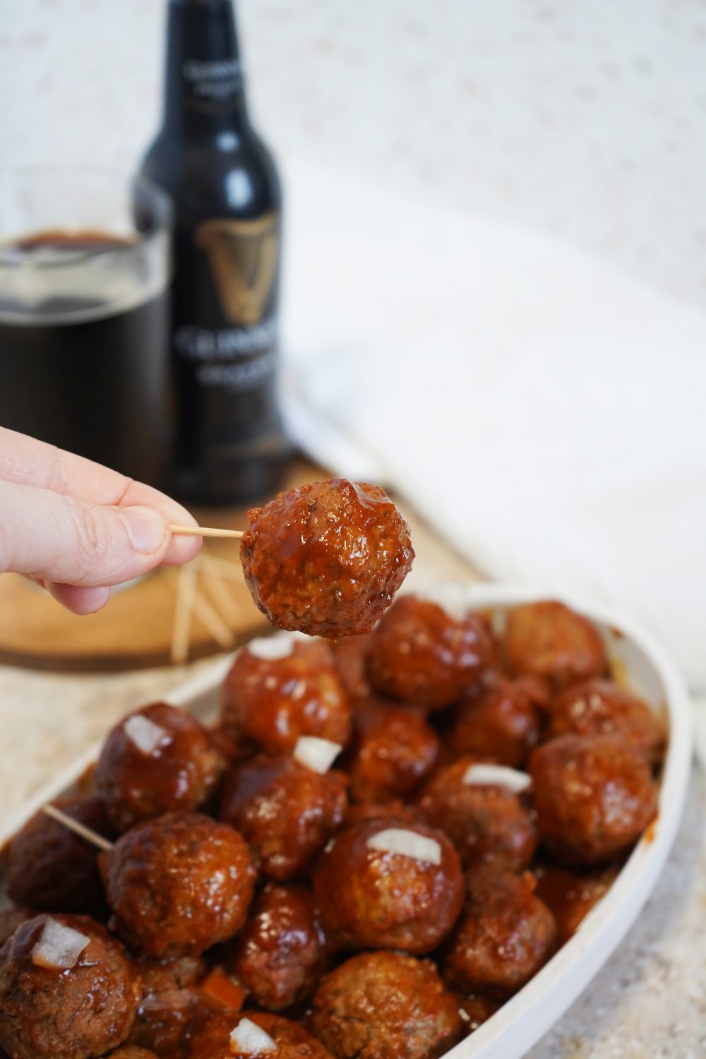 Guinness glazed Meatballs on tooth pick