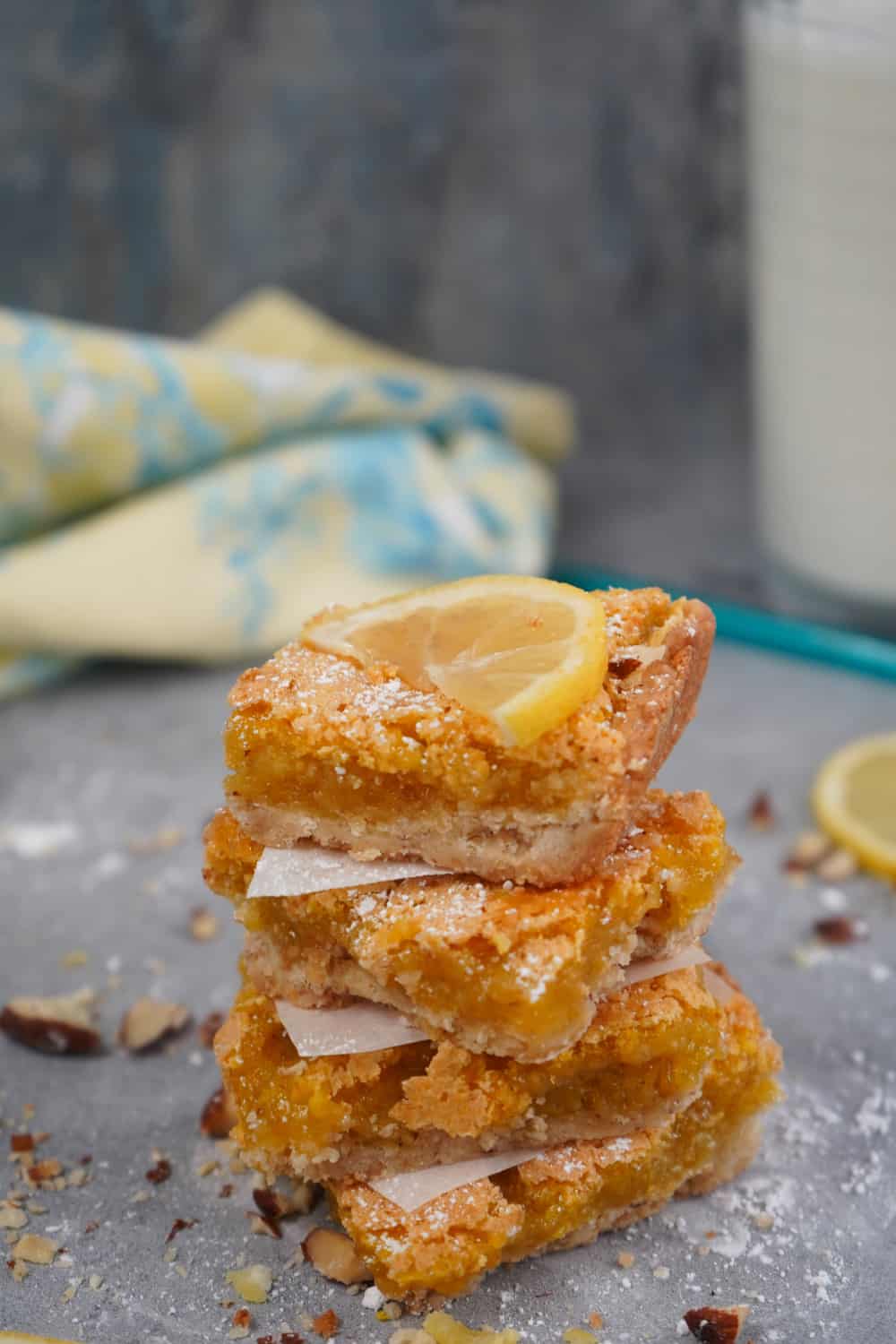 Chewy Lemon almond bars stacked
