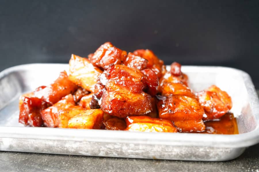 Sriracha Whiskey Smoked Pork Belly Burnt Ends - Stef's Eats and Sweets