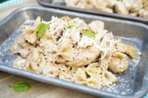 Blackstone Creamy Italian Chicken Pasta on silver platter