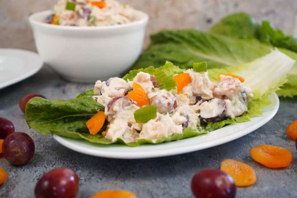 Dijon Chicken Salad in lettuce with dried apricots
