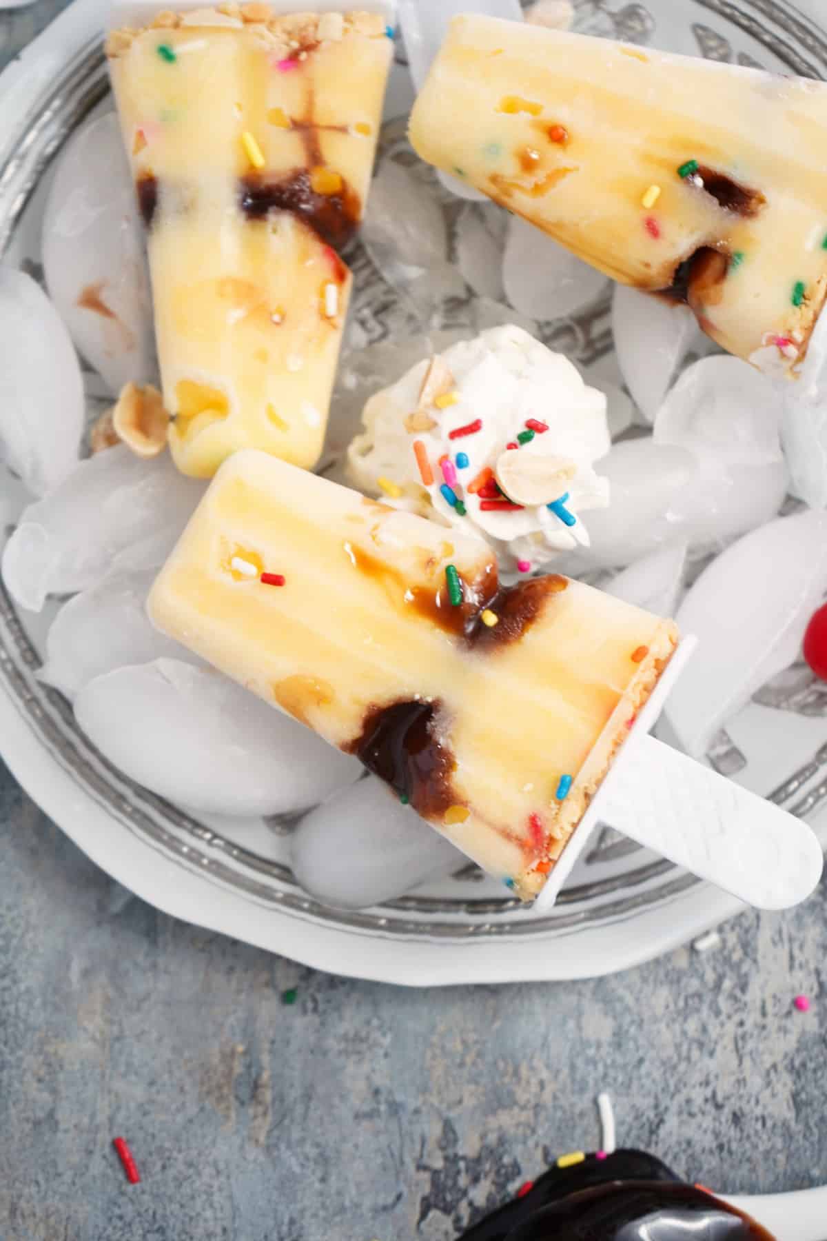 Hot Fudge Sundae Pudding Pops on ice
