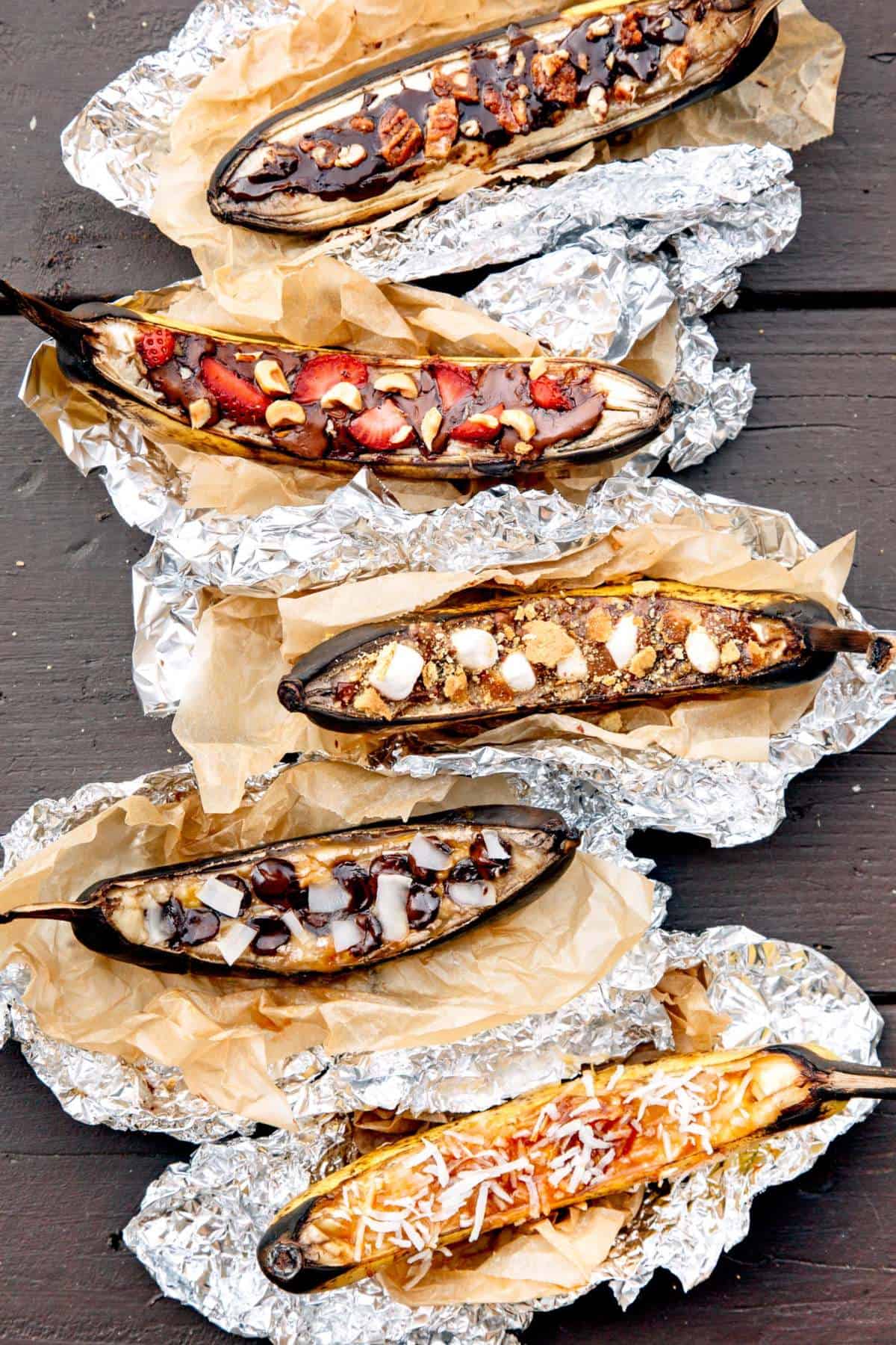 Campfire Banana Boats with different fillings