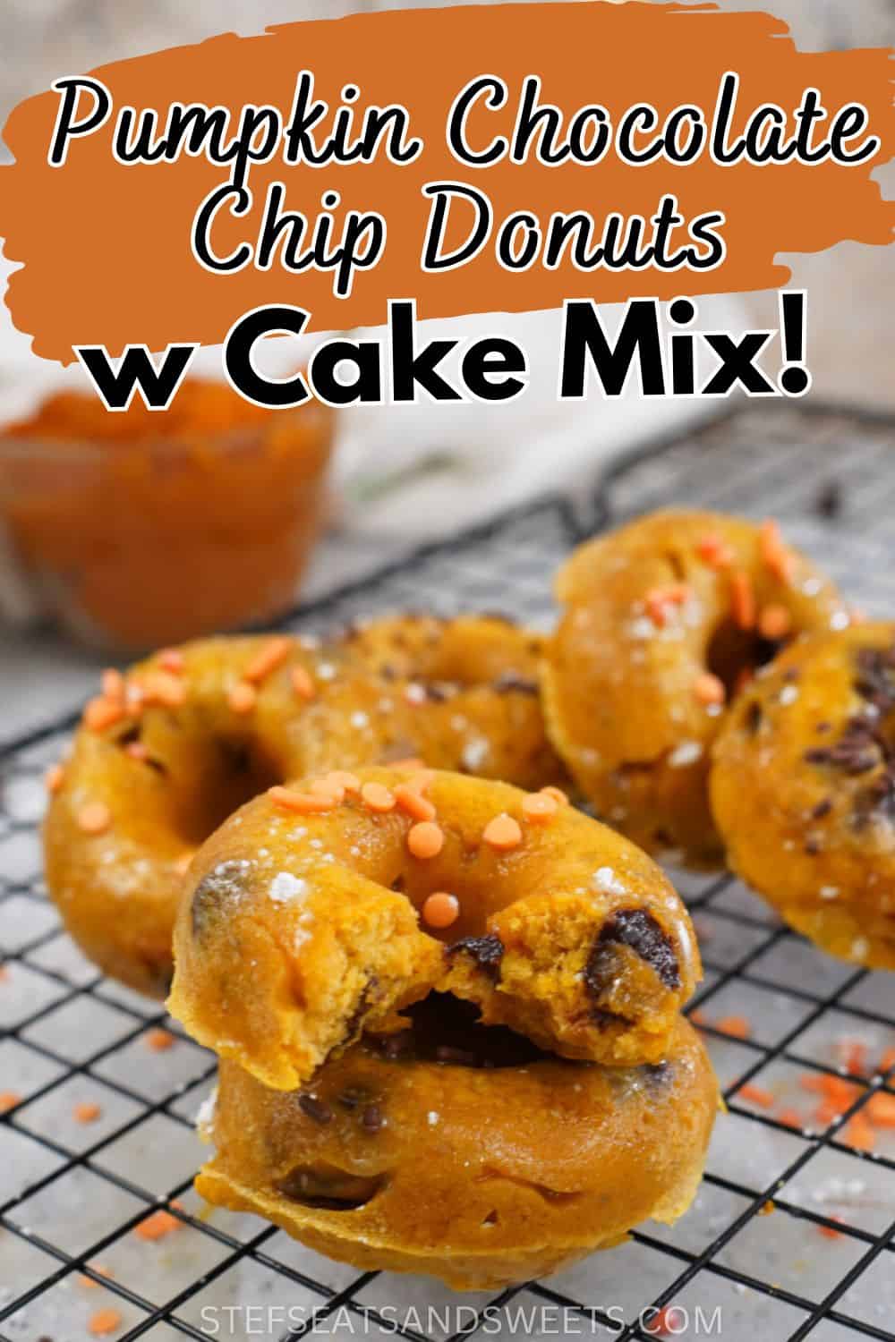 pumpkin chocolate chip cake mix donuts with text 
