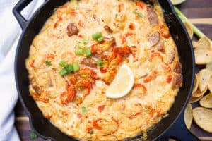 Cajun Smoked crawfish Dip in cast iron skillet