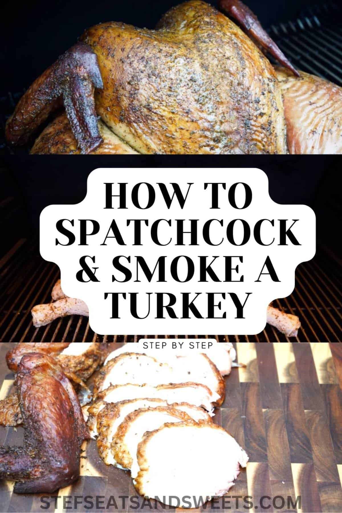 how to spatchcock and smoke a turkey collage with text 