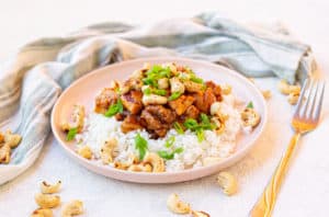 cashew chicken on pink plate