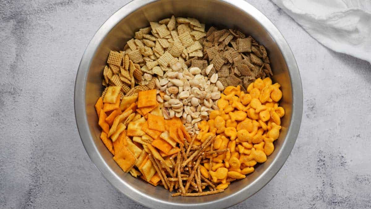 Cheddar Bacon Chex Mix Ingredients in Bowl