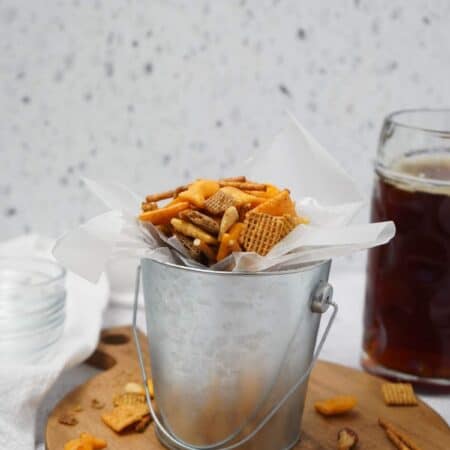 Smoked Chex Mix with Beer in Background