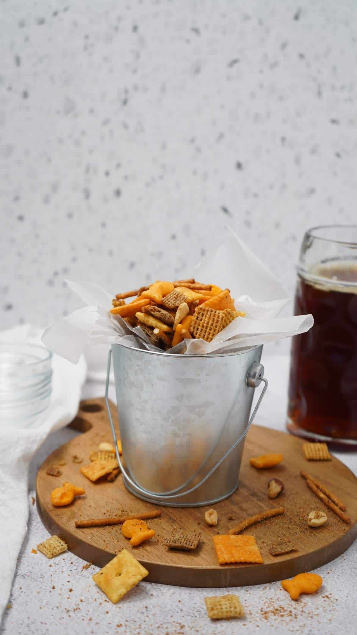 Smoked Chex Mix with Beer in Background