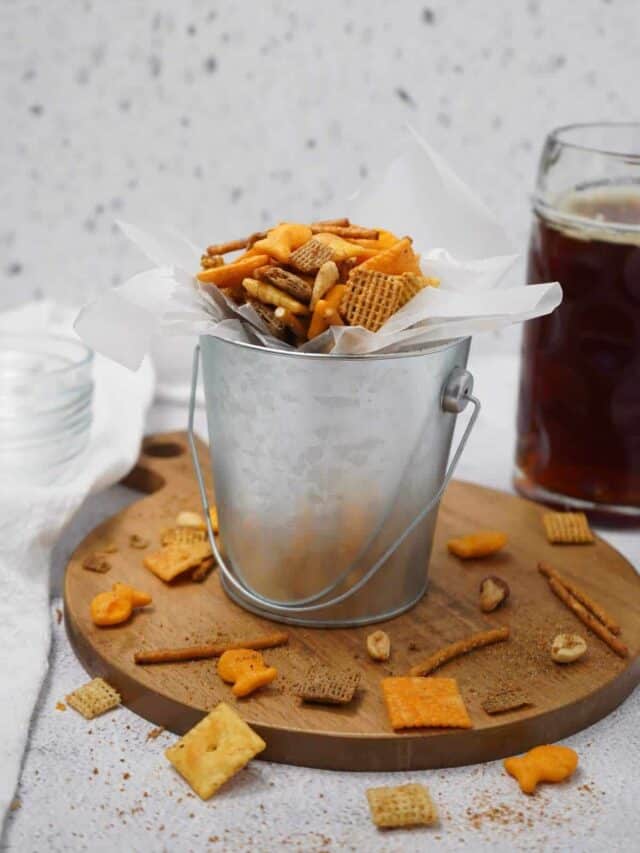 Smoked Chex Mix with Beer in Background